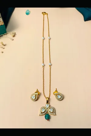 ABDESIGNS Brass Gold-Plated American Diamond Pendant Chain With Pair Of Earrings