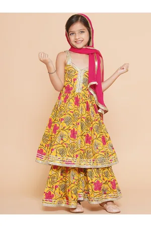 Bhama Girls Yellow Floral Printed Empire Gotta Patti Pure Cotton Kurta with Sharara & With Dupatta