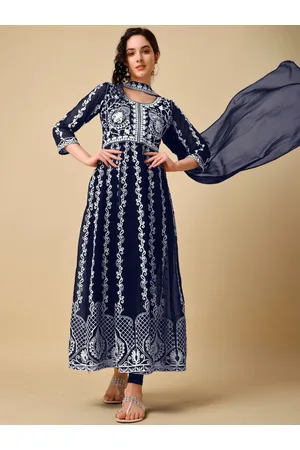 HERE&NOW Navy Blue & White Floral Embroidered Pleated Anarkali Kurta With Dupatta