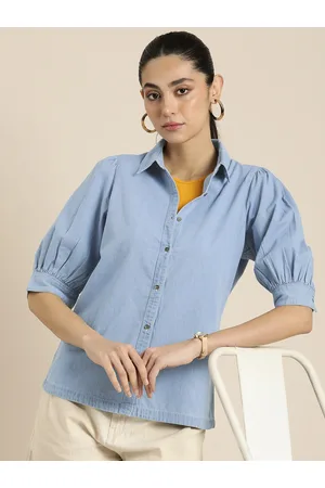 Moda Rapido Women Pure Cotton Chambray Solid Puff Sleeves Casual Shirt
