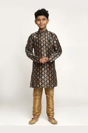 Kraft Boys Green & Gold Ethnic Motifs Printed Silk Kurta with Pyjamas