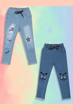 A-Okay Girls Pack Of 2 Slim Fit High-Rise Highly Distressed Embroidered Cotton Jeans