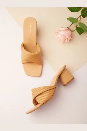 Tokyo Talkies Beige Striped Open Toe Block Heels