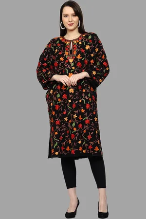 CRAFTBAZAR Floral Printed Keyhole Neck Flared Sleeves Thread Work Woollen Kurta