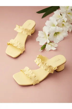 Tokyo Talkies Yellow Embellished Open Toe Block Heels
