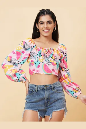 Globus Pink And Blue Conversational Printed Square Neck Puffed Sleeves Crop Cotton Top