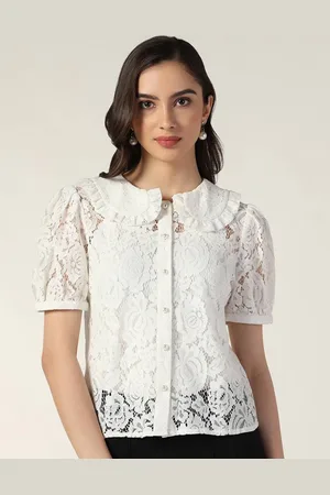 BEATNIK Self Design Puff Sleeves Peter pan Collar Shirt Style Top