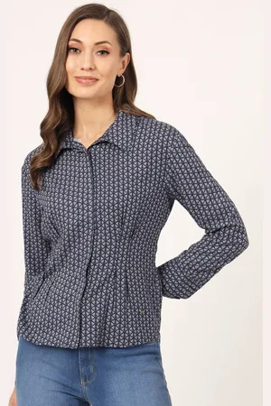 BEATNIK Geometric Printed Cuffed Sleeves Cotton Shirt Style Top