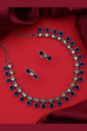 Brado Jewellery Oxidised Silver-Plated AD-Studded Necklace & Earrings Set