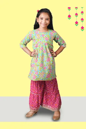 Kids On Board Girls Paisley Printed Empire Gotta Patti Pure Cotton A-Line Kurta & Sharara