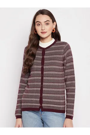 MADAME Women Burgundy & Off White Self Design Wool Cardigan Sweater