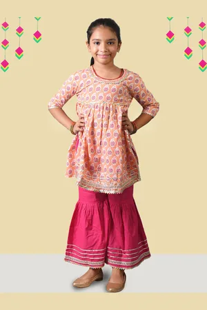 Kids On Board Girls Floral Printed Empire Gotta Patti Pure Cotton Kurta With Sharara