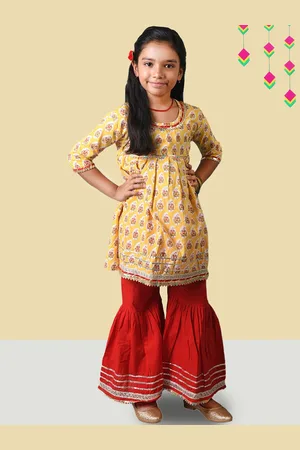 Kids On Board Girls Floral Printed Empire Gotta Patti Pure Cotton A-Line Kurta & Sharara