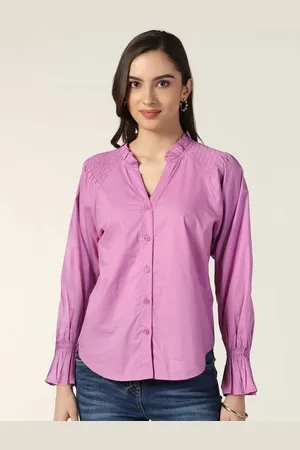 BEATNIK Mandarin Collar Puffed Sleeves Cotton Shirt Style Top