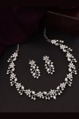 Brado Jewellery Silver-Plated Oxidised AD Studded Necklace & Earrings Set