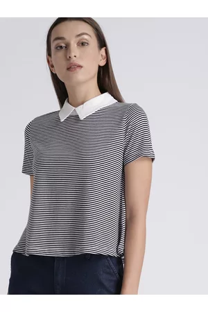 Chemistry Women Black Striped Polo Collar Pure Cotton T-shirt