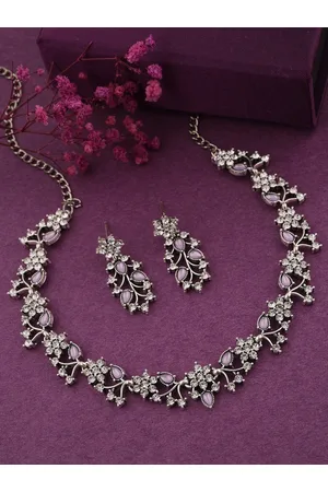Brado Jewellery Silver-Plated Oxidised AD Studded Necklace & Earrings Set