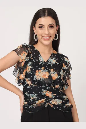 BEATNIK Floral Printed Flutter Sleeves Gathers Top