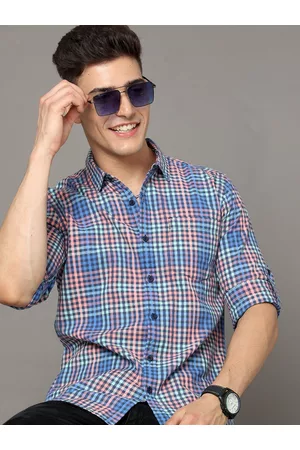 Moda Rapido Blue & Peach Shepherd Checked Spread Collar Cotton Slim Fit Casual Shirt