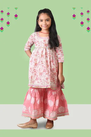 Kids On Board Girls Floral Printed Regular Gotta Patti Pure Cotton Kurta with Sharara