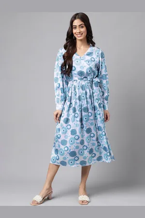 Janasya Floral Printed Cuffed Sleeve Fit & Flare Midi Dress