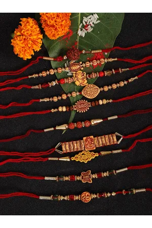 Anouk Red Set Of 10 Ganesha & Om Charm Rakhi
