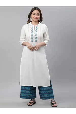 AURELIA Striped Woven Design Mandarin Collar Thread Work Detailed Straight Kurta