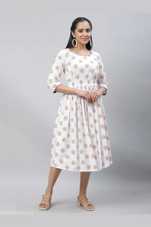 AURELIA Floral Printed Round Neck Smocked Pure Cotton Fit & Flare Midi Dress