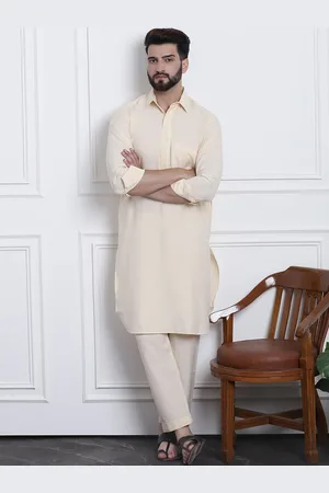 SOJANYA Men Beige Solid Pathani Kurta with Salwar
