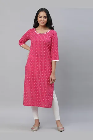 AURELIA Round neck Ethnic Motifs Printed Thread Work Straight Cotton Kurta