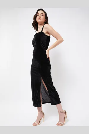 Color Capital Shoulder Strap Sleeveless Velvet Sheath Midi Dress