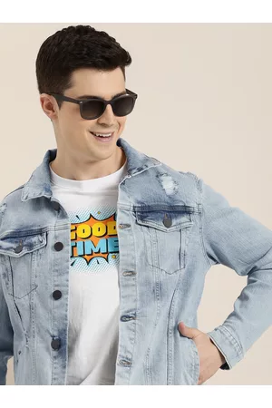 HERE&NOW Solid Spread-Collar Ripped Denim Jacket