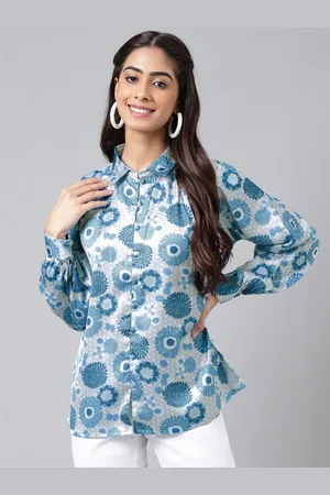 Janasya Floral Print Satin Shirt Style Top