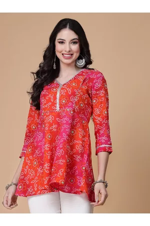 God Bless Bandhani Printed V-Neck Gotta Patti A-Line Kurti