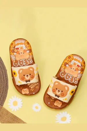 Yellow bee Girls Bear And Sunflower Printed Sliders