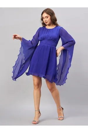 Antheaa Blue Long Flared Sleeve Smocked Accordion Pleated Fit & Flare Dress