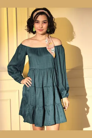 HERE&NOW Teal Off-Shoulder Tiered Fit and Flare Dress