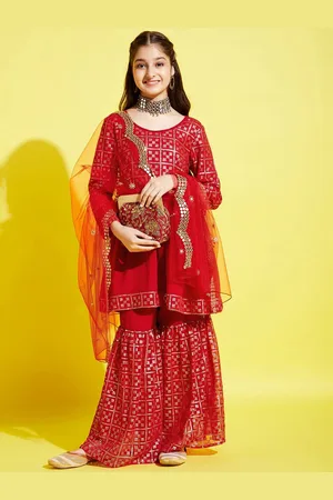 Cherry & Jerry Girls Embroidered Sequinned A-Line Kurta With Sharara & With Dupatta