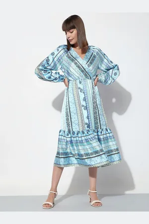 VERO MODA Ethnic Motifs Printed V-Neck Puff Sleeves Fit & Flare Dress