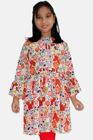 KiddoPanti Girls Abstract Print Gotta patti Boat Neck A-Line Kurta