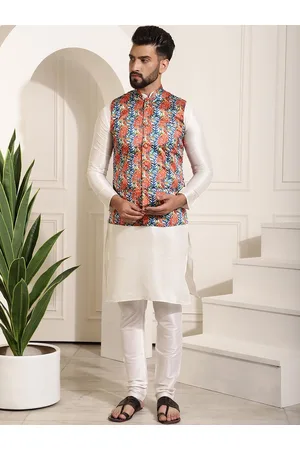 SOJANYA Men Off-White & Blue Solid Kurta And Churidar With Jacket