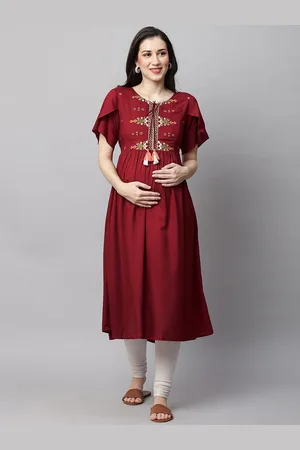 MomToBe Floral Yoke Design Flared Sleeves Thread Work Maternity Sustainable Kurta