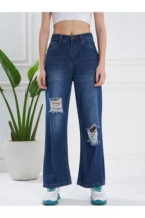 KASSUALLY Women Navy Blue Flared Mildly Distressed Light Fade Pure Cotton Jeans
