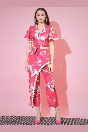 Sangria Floral Printed Shirt Collar Top With Trousers