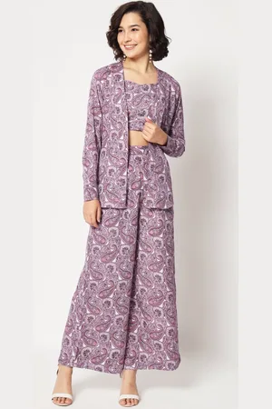 Mitera Printed Sweetheart Neck Top With Palazzos & Shrug
