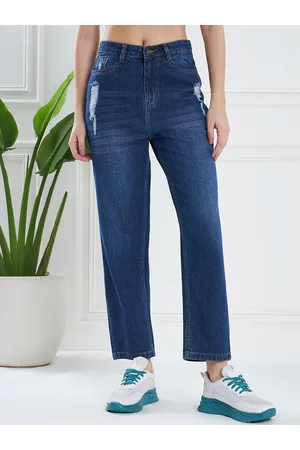 KASSUALLY Women Navy Blue Mom Fit Low Distress Light Fade Pure Cotton Jeans