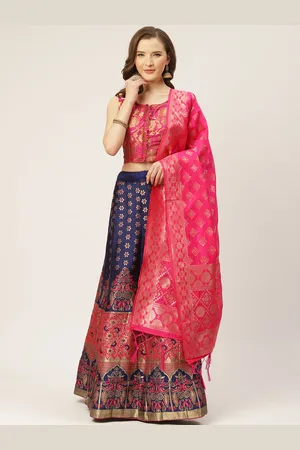 Shaily Retails Pink & Navy Blue Woven Design Semi-Stitched Lehenga & Blouse with Dupatta