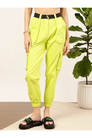 fluorescent green women relaxed fit high rise pure cotton cargo trousers