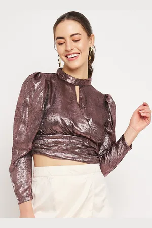 CAMLA Keyhole Neck Puff Sleeves Regular Crop Top