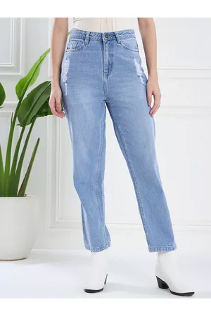 KASSUALLY Women Blue Mom Fit Low Distress Light Fade Pure Cotton Jeans